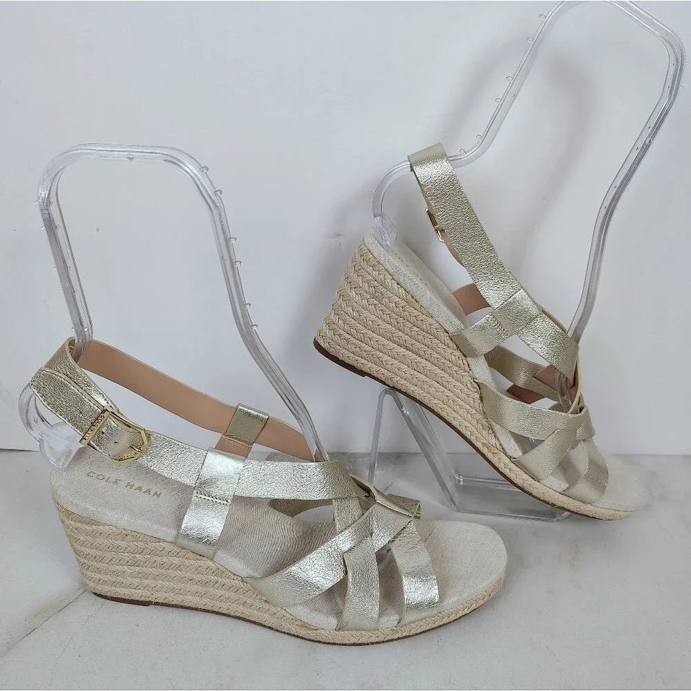 Cole Haan Crystal Wedge Metallic White Gold Leather Espadrille Sandals, Sz 10.5